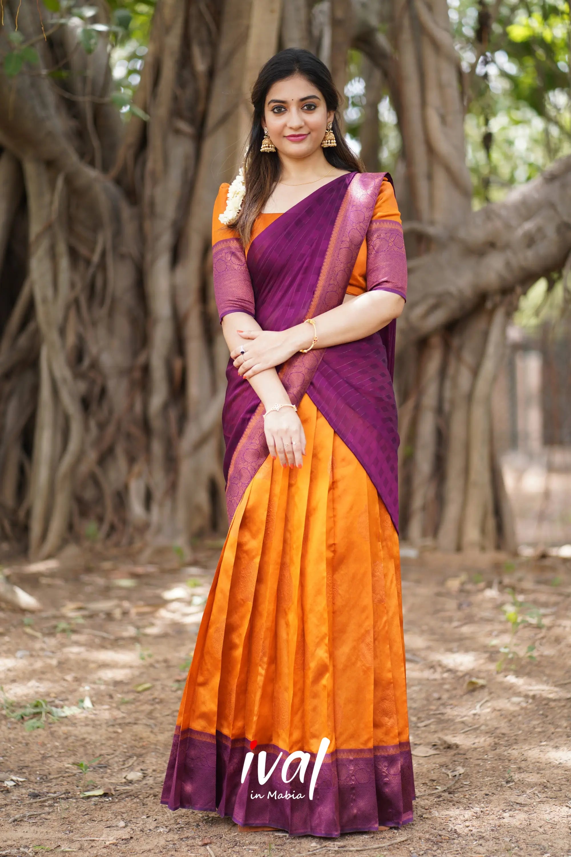 Padmakshi - Mustard Orange And Dark Magenta Semi Silk Halfsaree Half Sarees