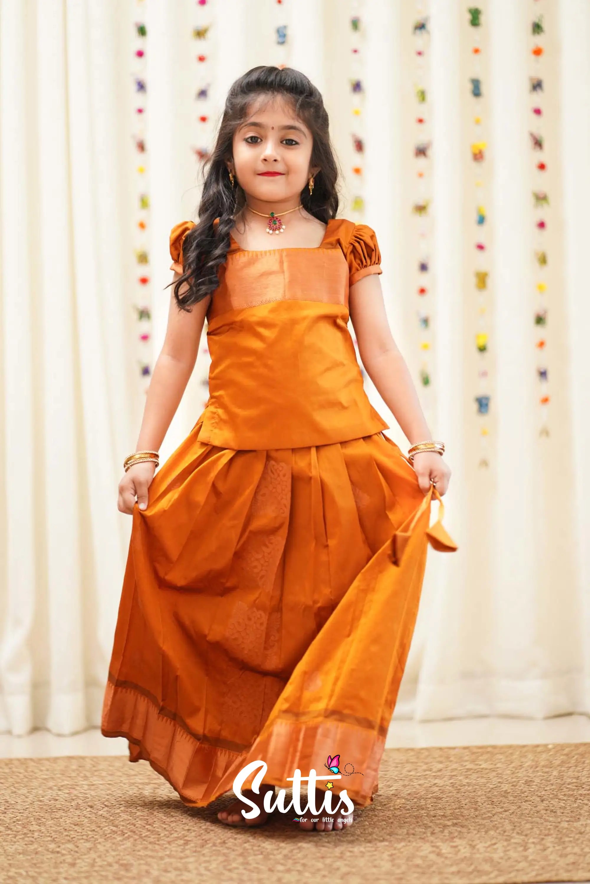 Padmakshi - Mustard Semi Silk Pavadai And Sattai Kids-Suttis