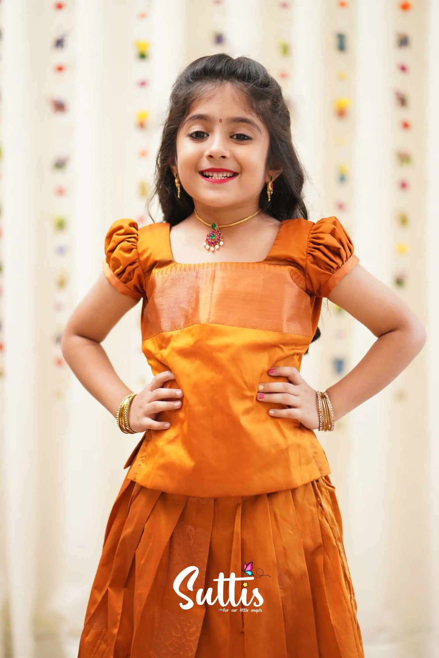 Padmakshi - Mustard Semi Silk Pavadai And Sattai Kids-Suttis