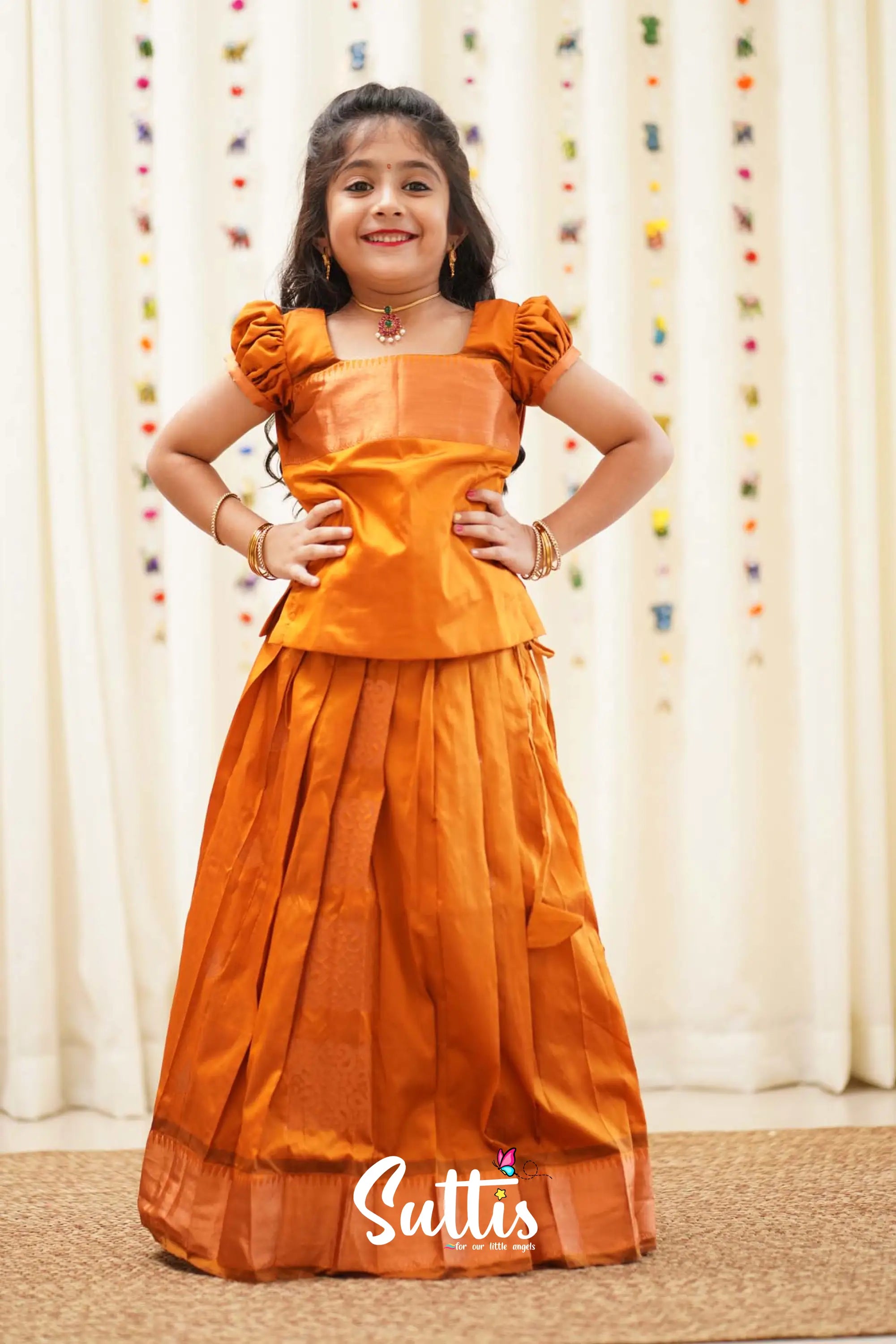 Padmakshi - Mustard Semi Silk Pavadai And Sattai Kids-Suttis