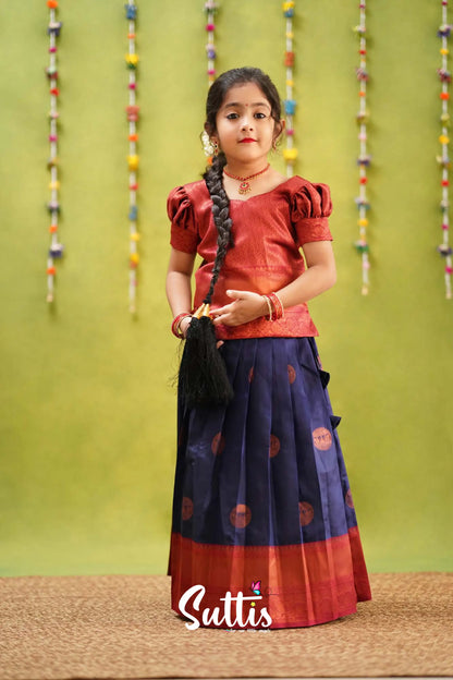 Padmakshi - Navy Blue And Maroon Semi Silk Pavadai Sattai Kids-Suttis