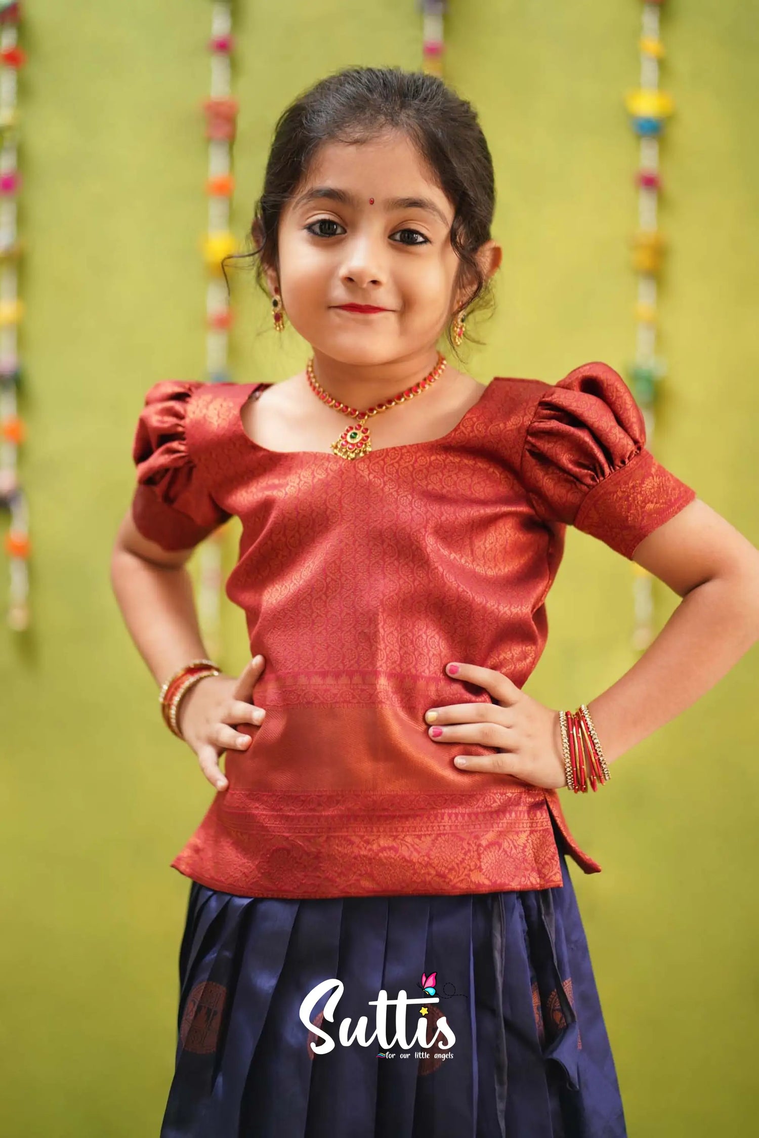 Padmakshi - Navy Blue And Maroon Semi Silk Pavadai Sattai Kids-Suttis