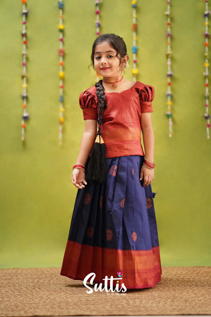 Padmakshi - Navy Blue And Maroon Semi Silk Pavadai Sattai Kids-Suttis