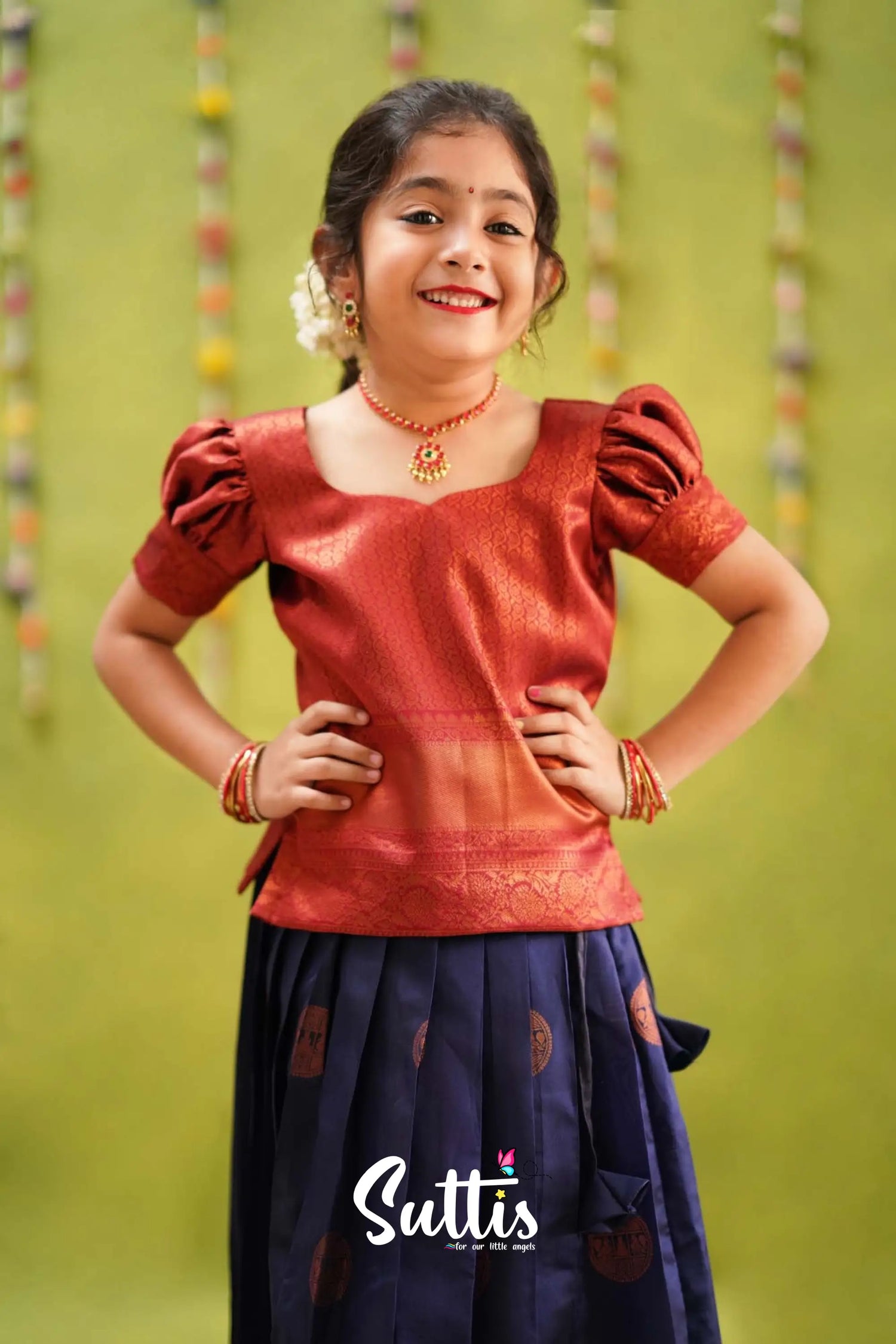 Padmakshi - Navy Blue And Maroon Semi Silk Pavadai Sattai Kids-Suttis