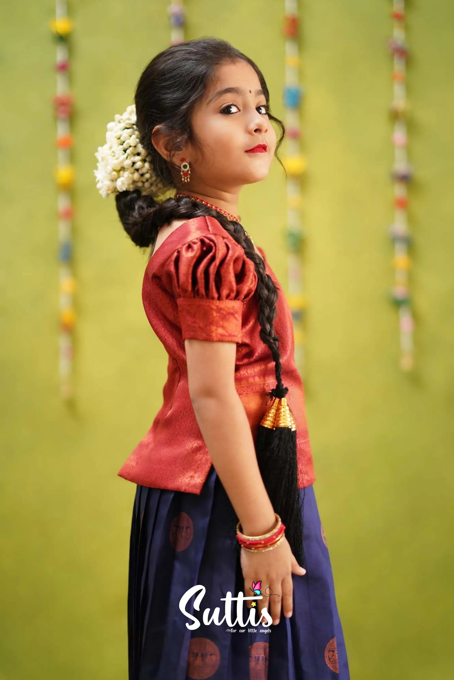 Padmakshi - Navy Blue And Maroon Semi Silk Pavadai Sattai Kids-Suttis