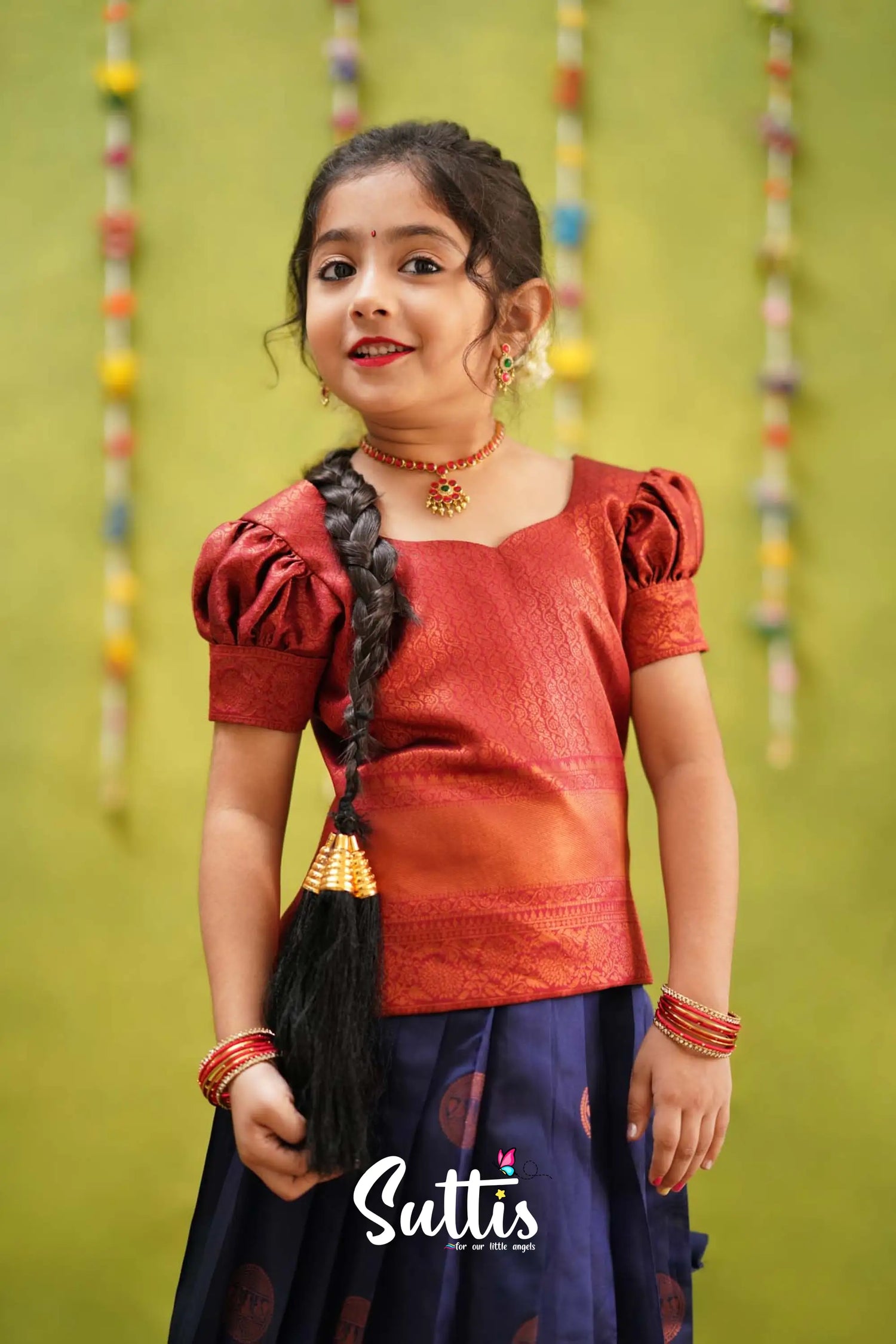 Padmakshi - Navy Blue And Maroon Semi Silk Pavadai Sattai Kids-Suttis