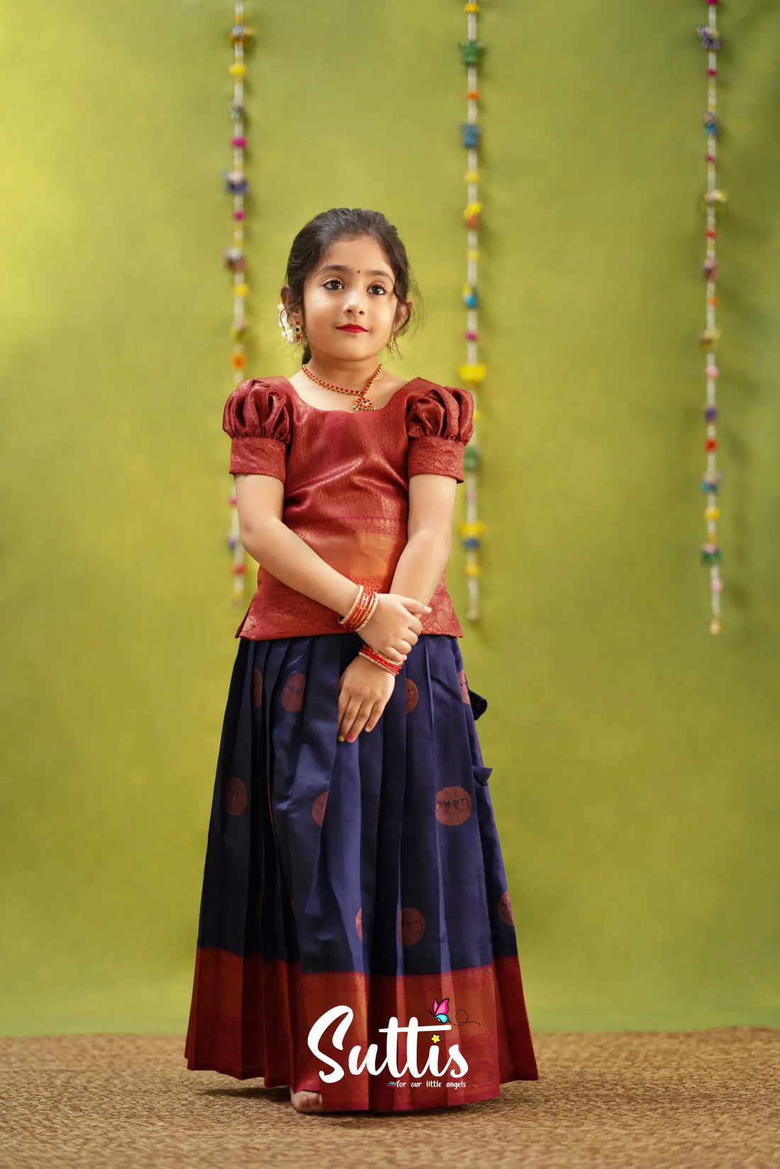 Padmakshi - Navy Blue And Maroon Semi Silk Pavadai Sattai Kids-Suttis