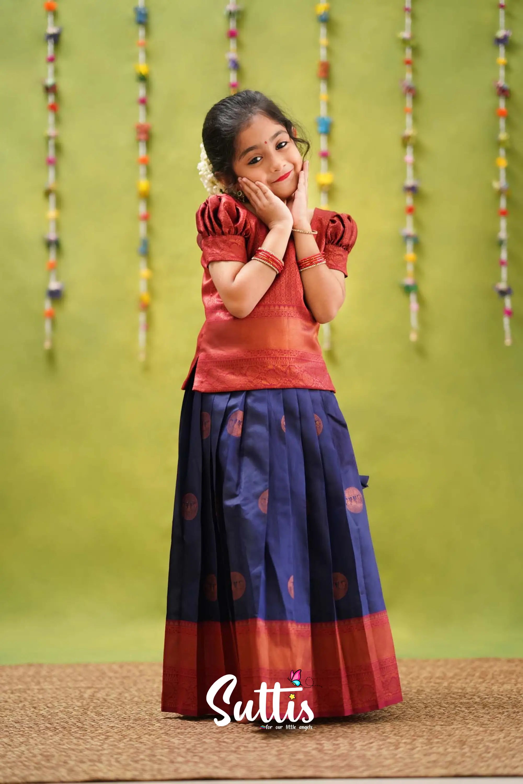 Padmakshi - Navy Blue And Maroon Semi Silk Pavadai Sattai Kids-Suttis