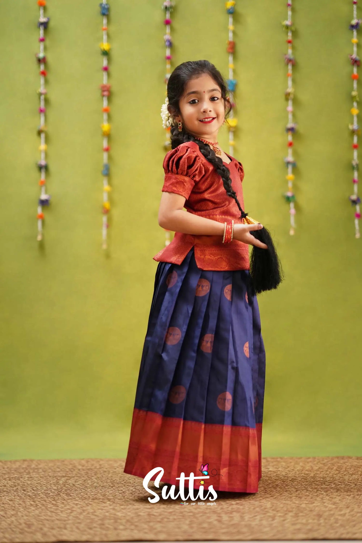 Padmakshi - Navy Blue And Maroon Semi Silk Pavadai Sattai Kids-Suttis