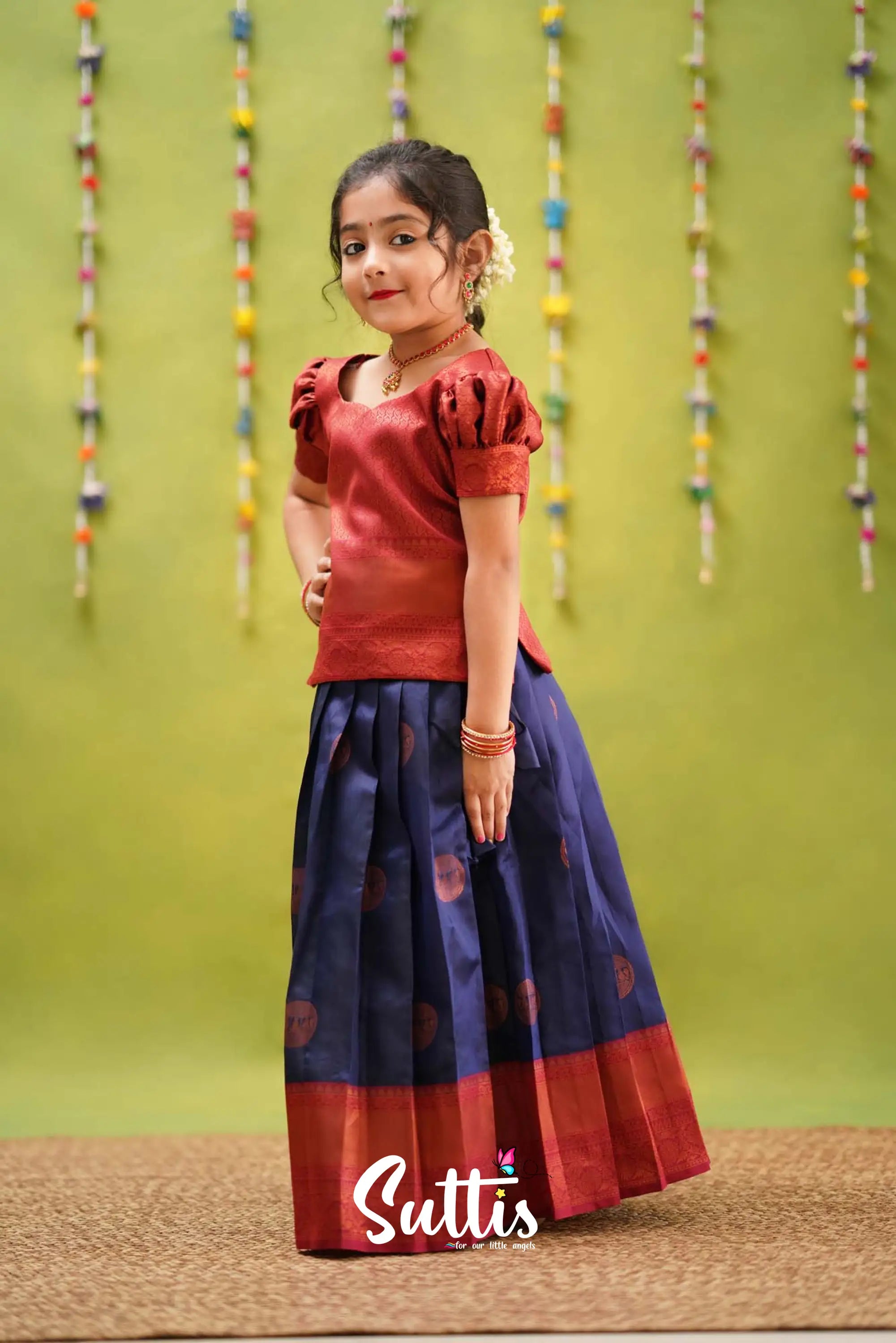 Padmakshi - Navy Blue And Maroon Semi Silk Pavadai Sattai Kids-Suttis