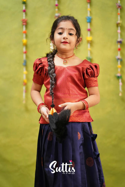 Padmakshi - Navy Blue And Maroon Semi Silk Pavadai Sattai Kids-Suttis