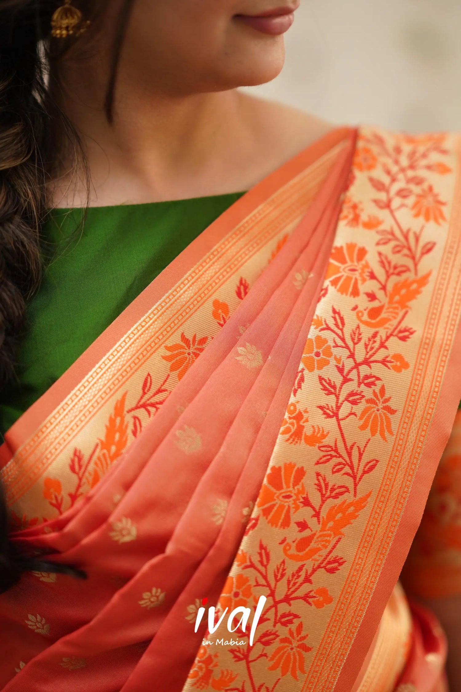 Padmakshi - Olive Green And Orange Paithani Art Silk Halfsaree Half Sarees