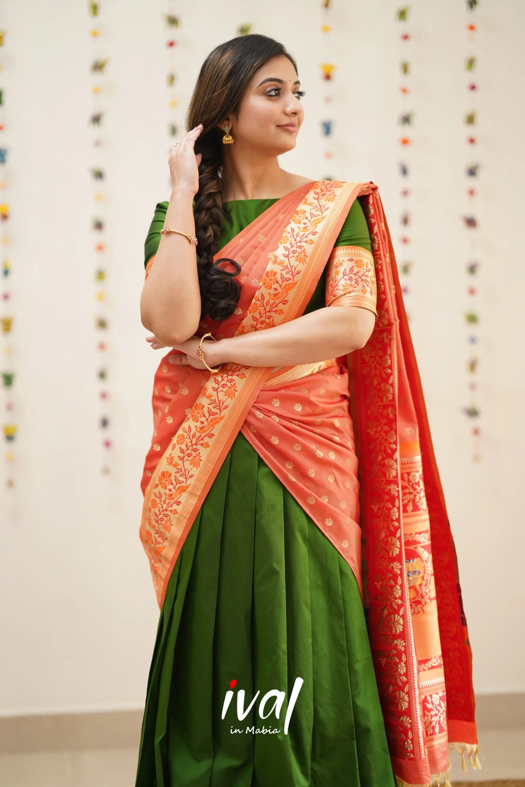 Padmakshi - Olive Green And Orange Paithani Art Silk Halfsaree Half Sarees