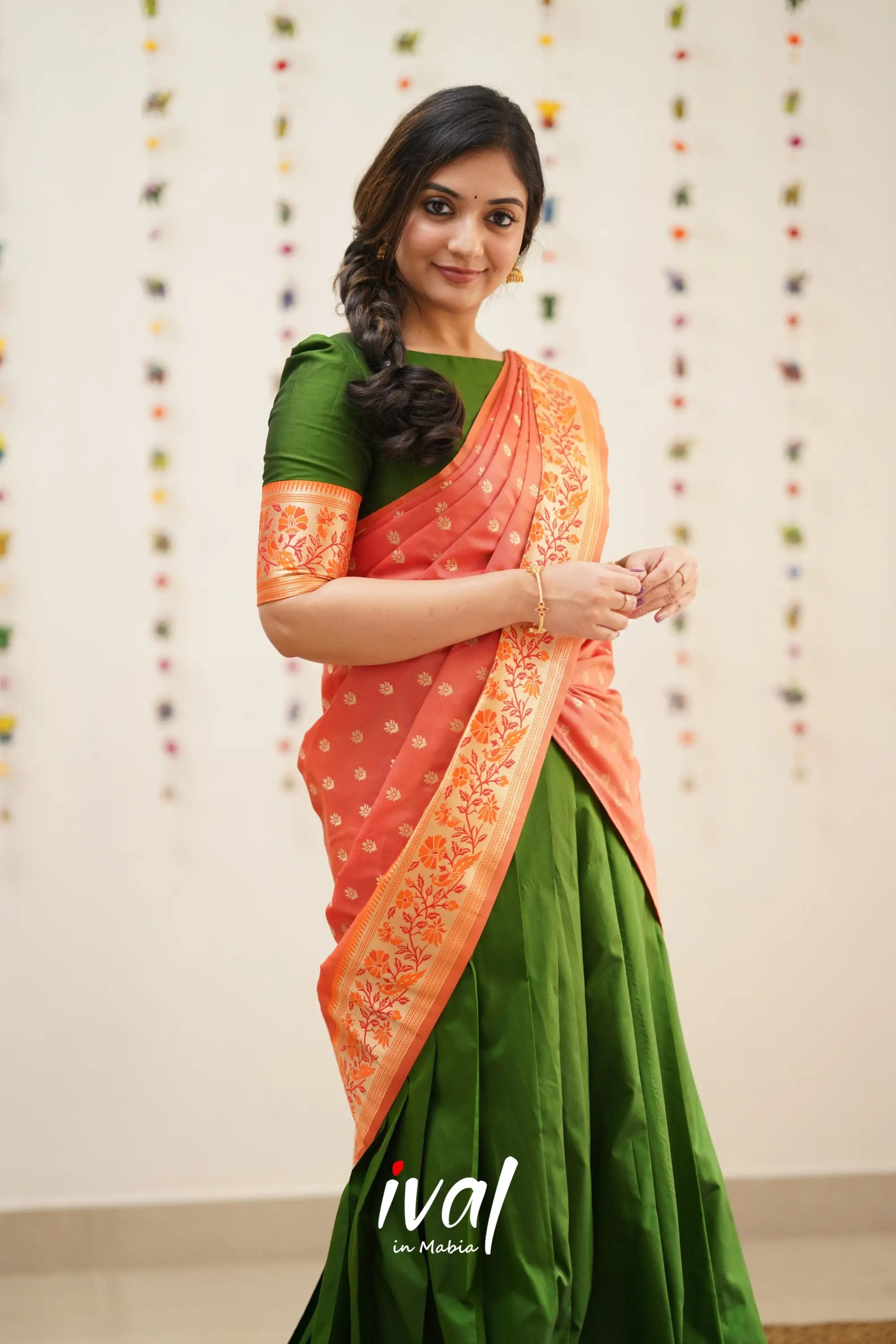 Padmakshi - Olive Green And Orange Paithani Art Silk Halfsaree Half Sarees