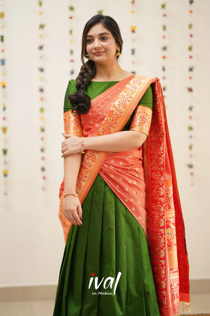 Padmakshi - Olive Green And Orange Paithani Art Silk Halfsaree Half Sarees