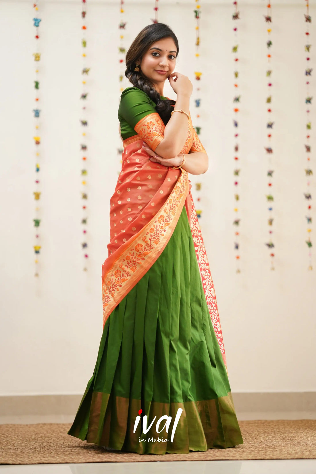 Padmakshi - Olive Green And Orange Paithani Art Silk Halfsaree Half Sarees