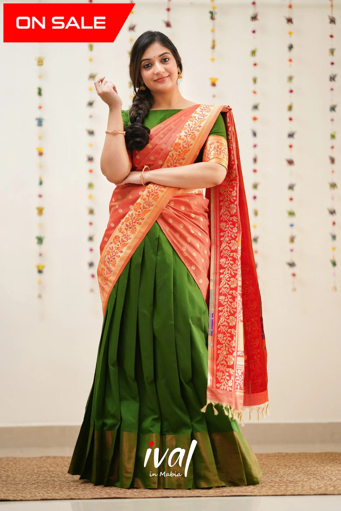 Padmakshi - Olive Green And Orange Paithani Art Silk Halfsaree Half Sarees
