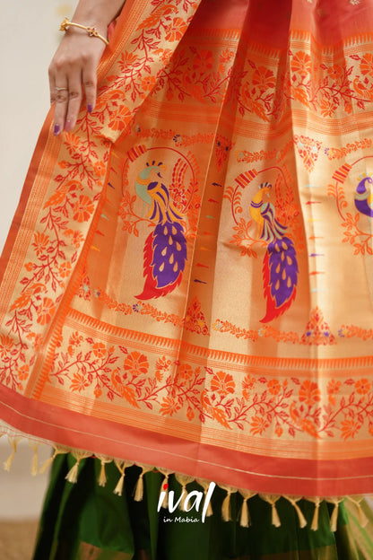Padmakshi - Olive Green And Orange Paithani Art Silk Halfsaree Half Sarees