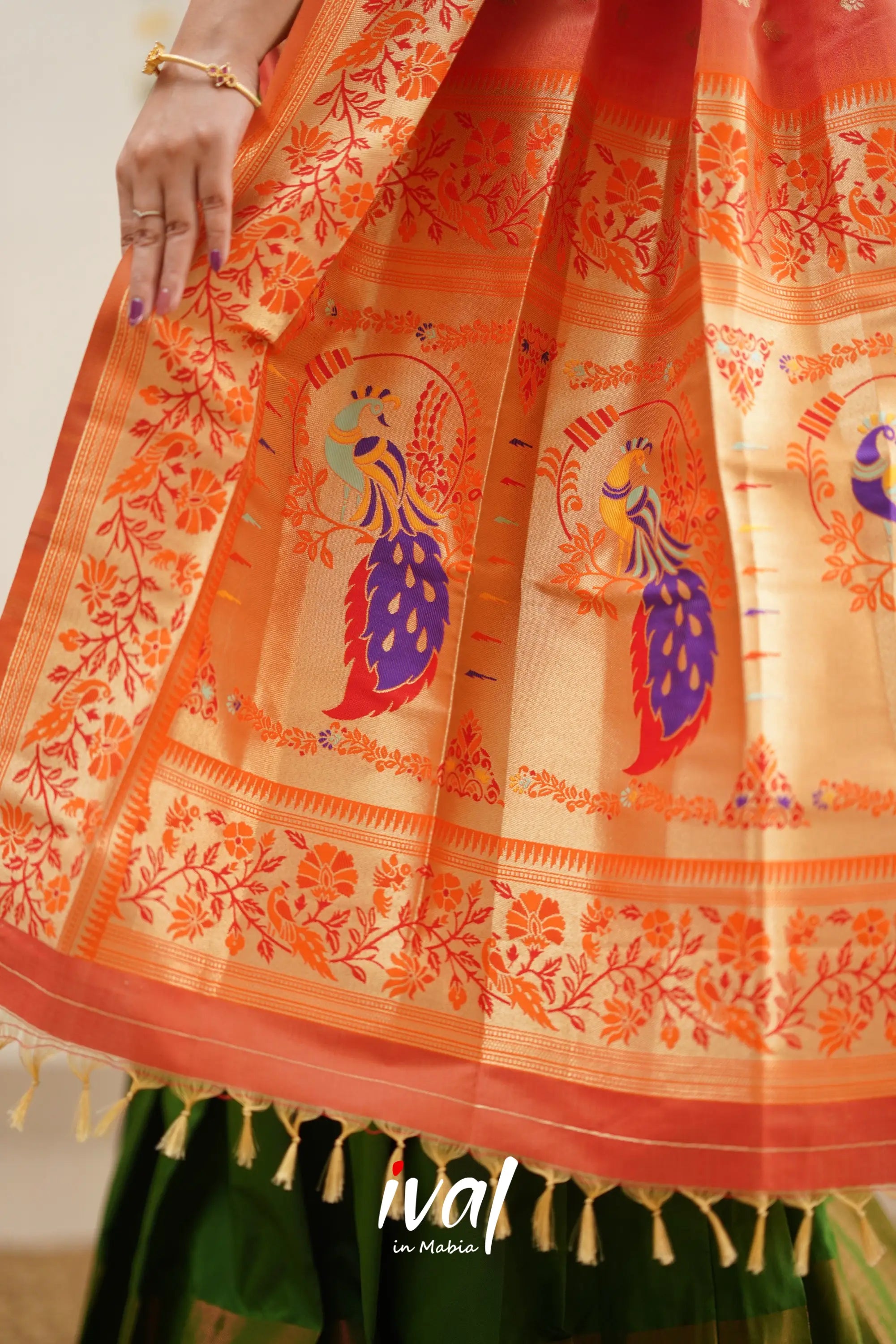 Padmakshi - Olive Green And Orange Paithani Art Silk Halfsaree Half Sarees