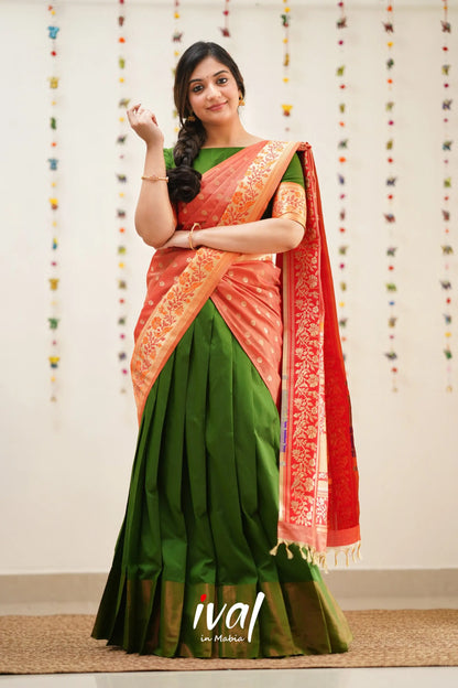 Padmakshi - Olive Green And Orange Paithani Art Silk Halfsaree Half Sarees