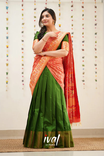 Padmakshi - Olive Green And Orange Paithani Art Silk Halfsaree Half Sarees