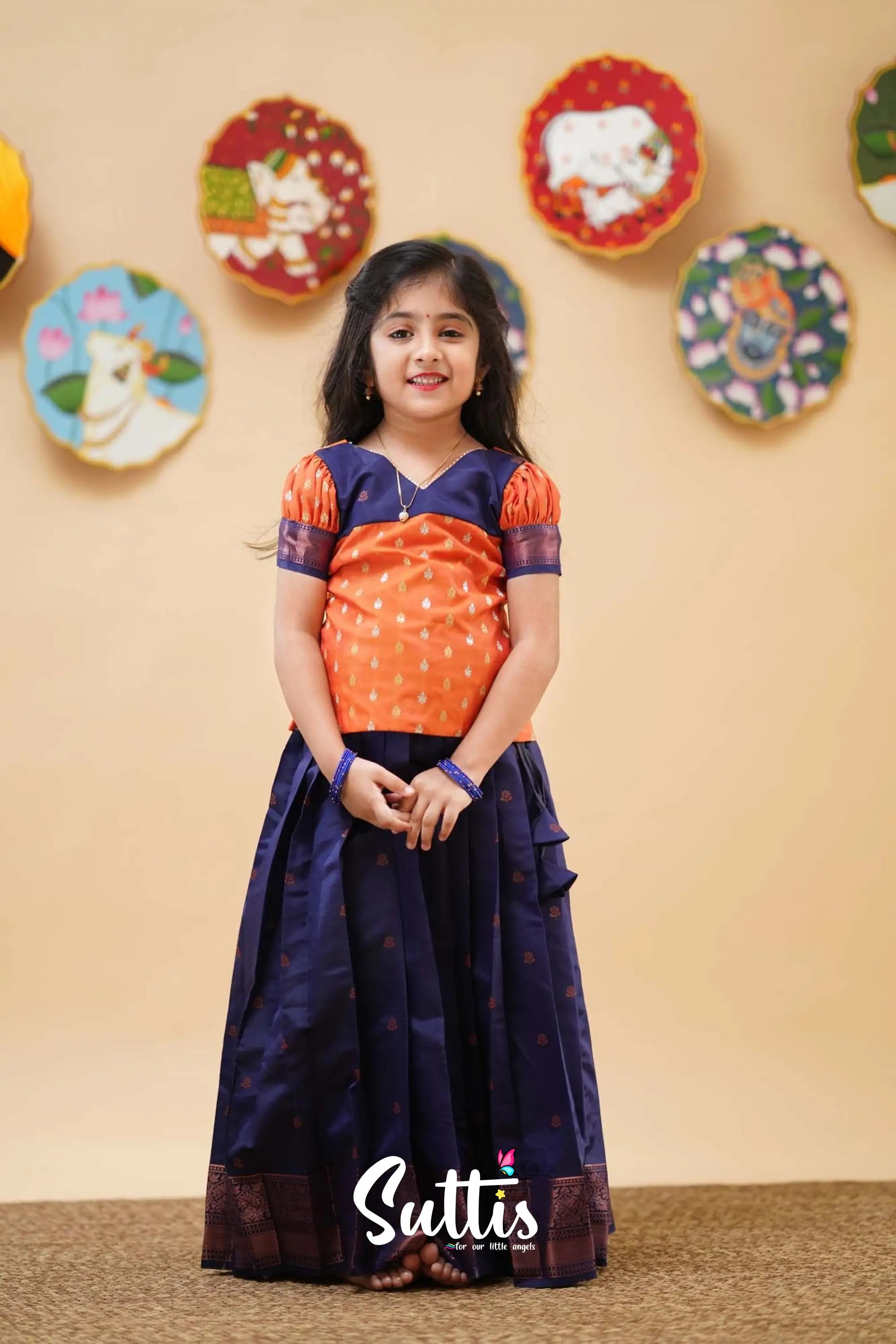 Padmakshi - Orange And Dark Blue Semi Silk Pavadai Sattai Kids-Suttis