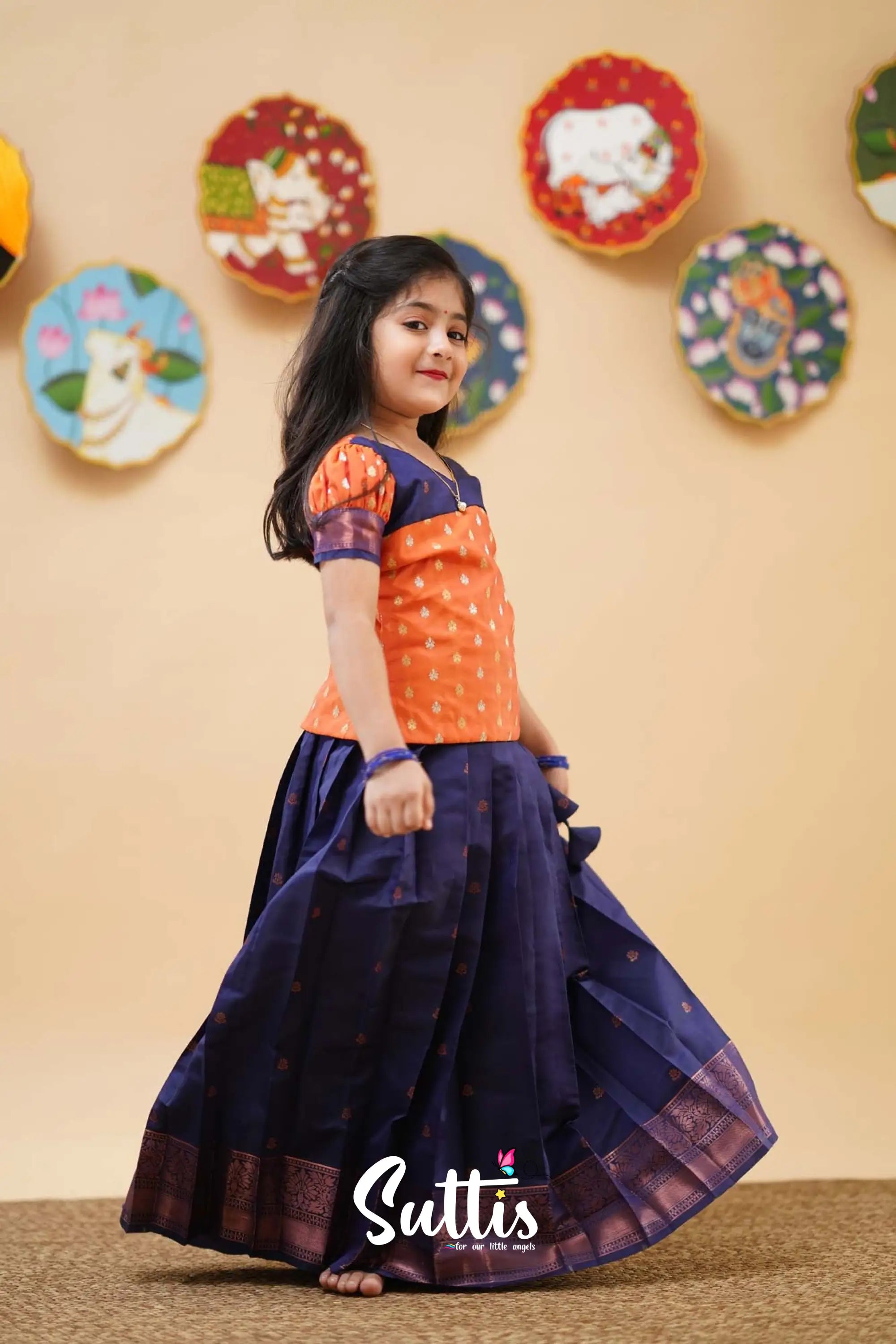 Padmakshi - Orange And Dark Blue Semi Silk Pavadai Sattai Kids-Suttis