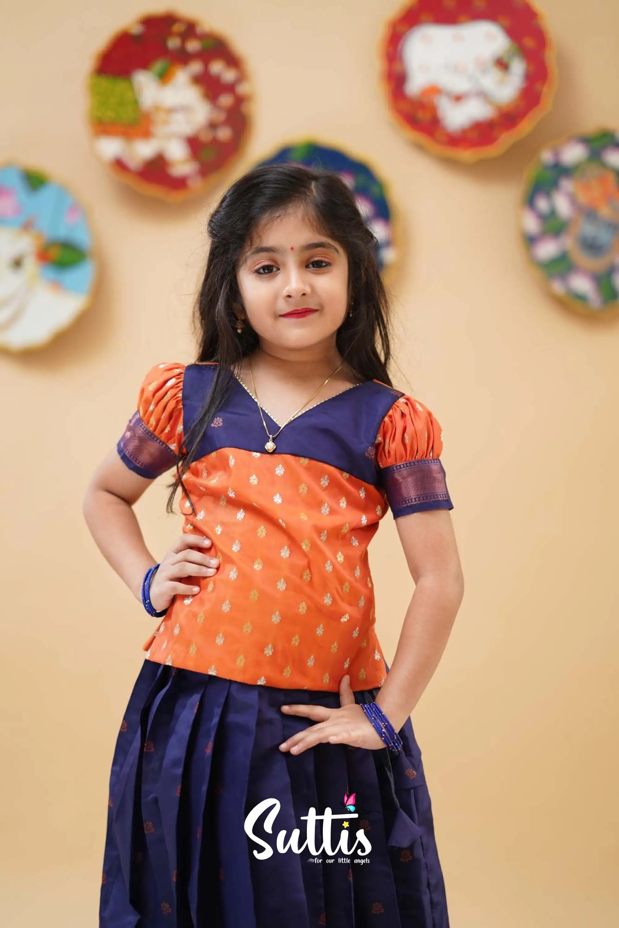 Padmakshi - Orange And Dark Blue Semi Silk Pavadai Sattai Kids-Suttis