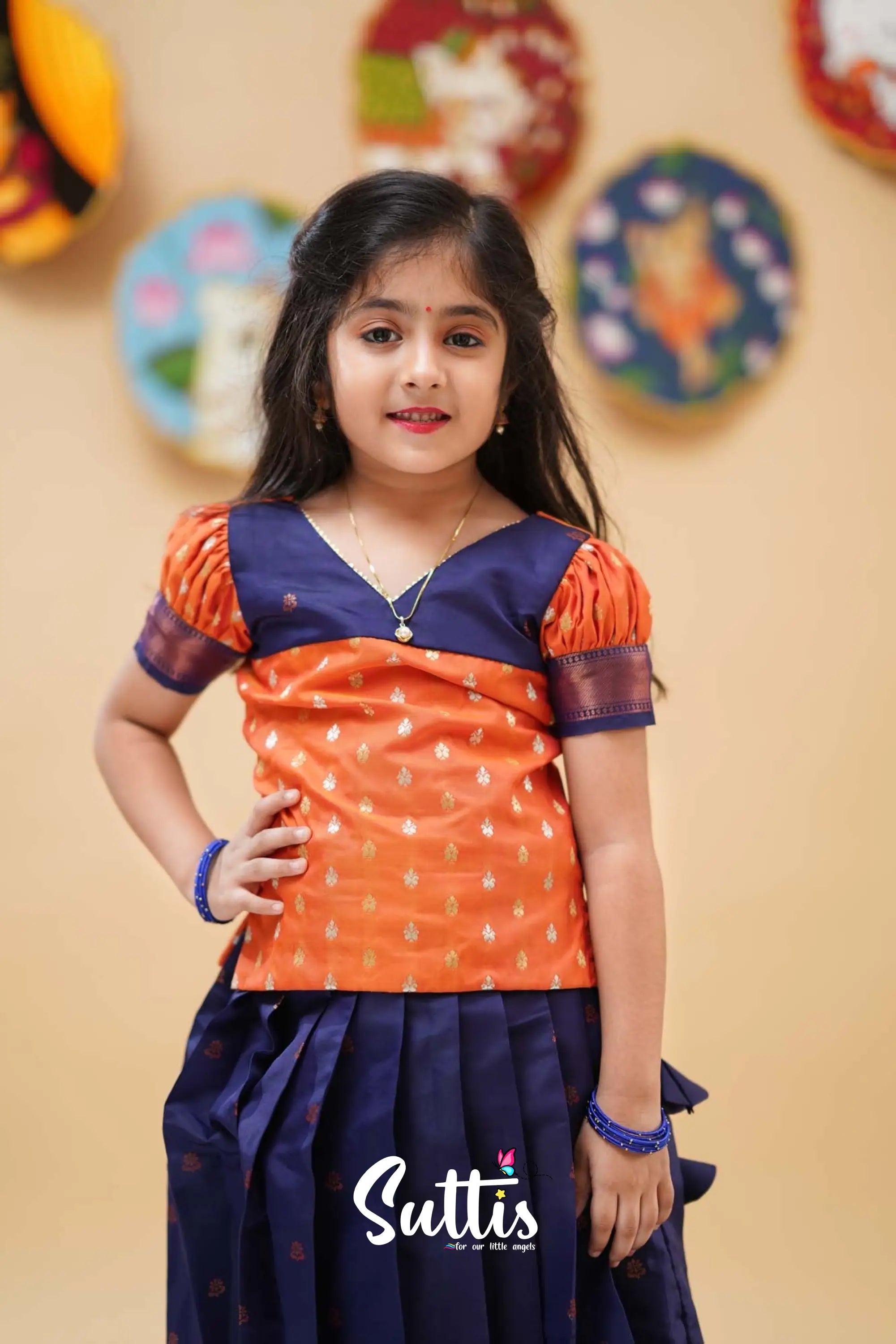 Padmakshi - Orange And Dark Blue Semi Silk Pavadai Sattai Kids-Suttis