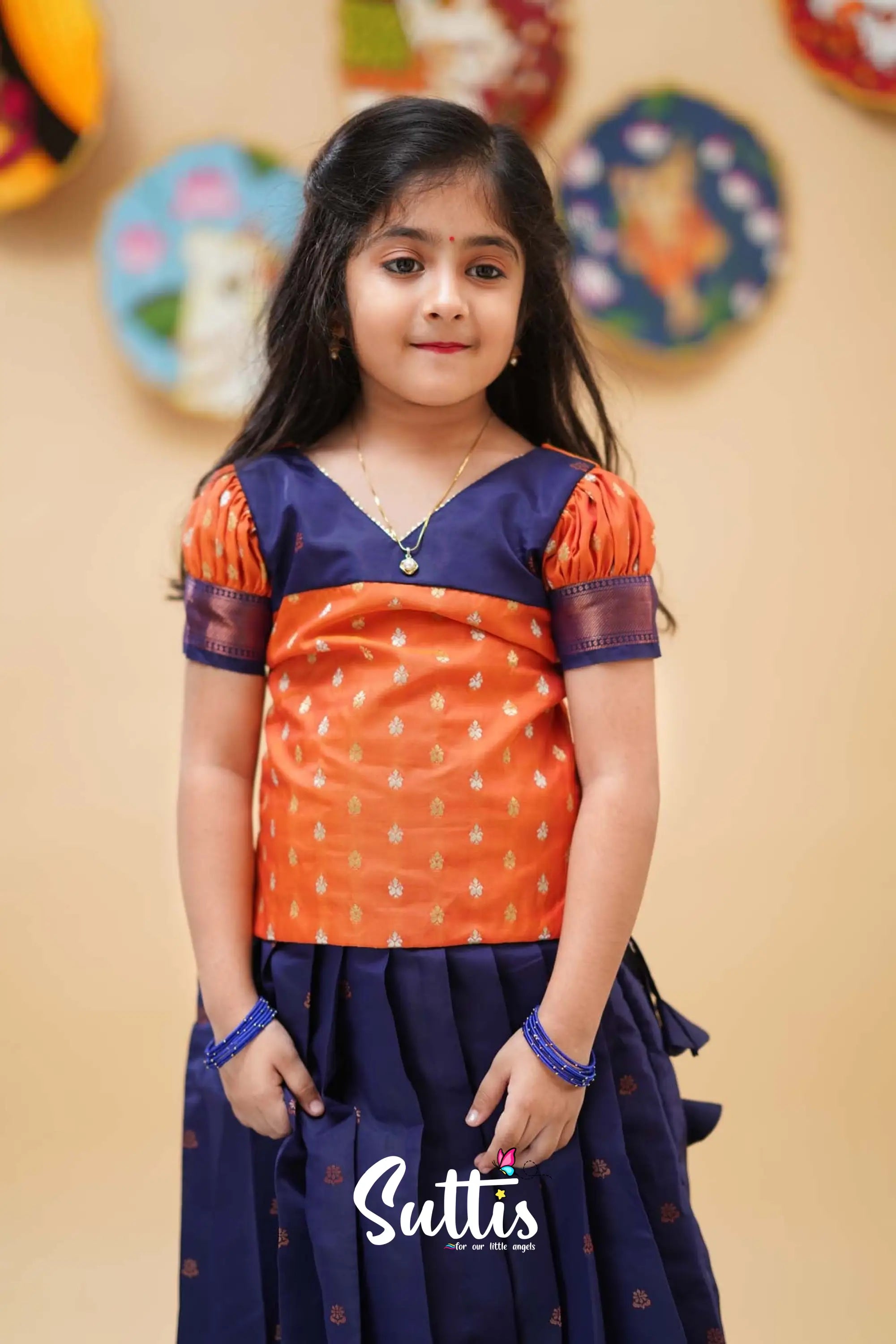 Padmakshi - Orange And Dark Blue Semi Silk Pavadai Sattai Kids-Suttis