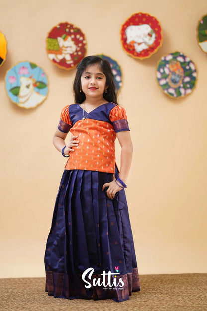 Padmakshi - Orange And Dark Blue Semi Silk Pavadai Sattai Kids-Suttis