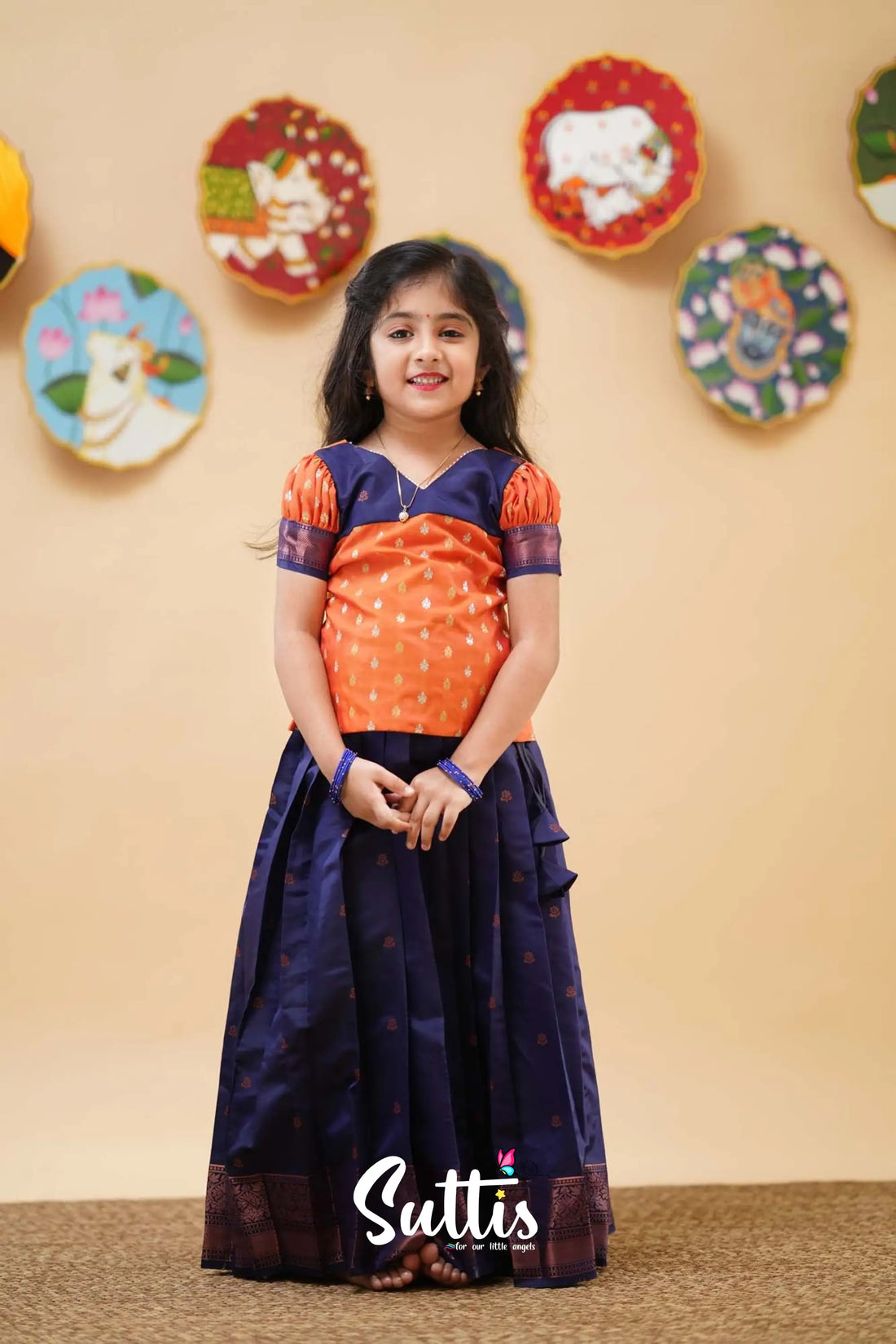 Padmakshi - Orange And Dark Blue Semi Silk Pavadai Sattai Kids-Suttis