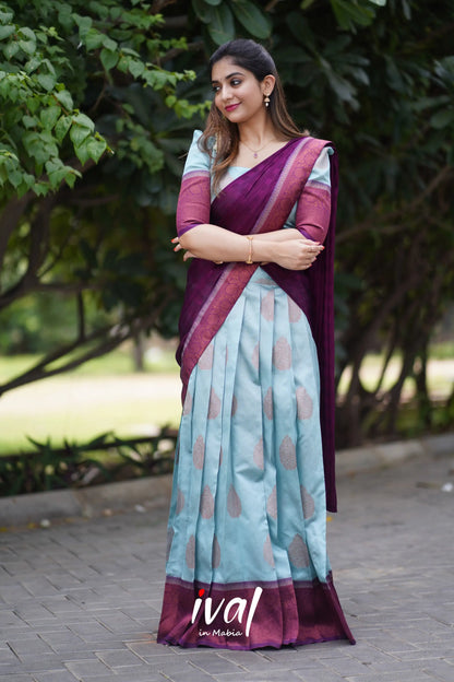 Padmakshi - Pastel Blue And Dark Magenta Semi Silk Halfsaree Half Sarees