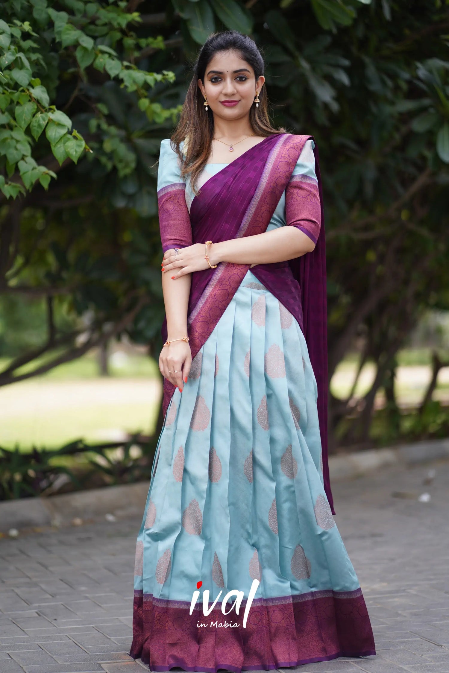 Padmakshi - Pastel Blue And Dark Magenta Semi Silk Halfsaree Half Sarees