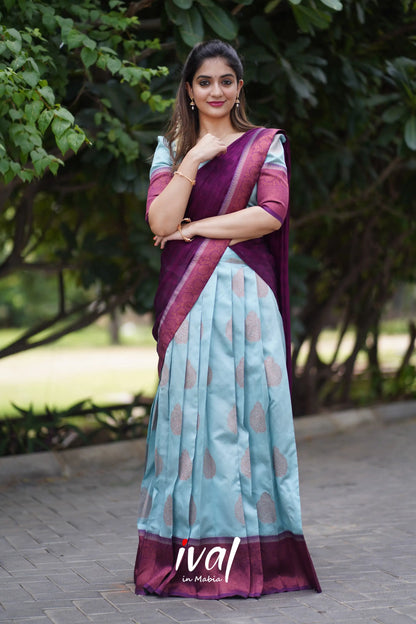 Padmakshi - Pastel Blue And Dark Magenta Semi Silk Halfsaree Half Sarees