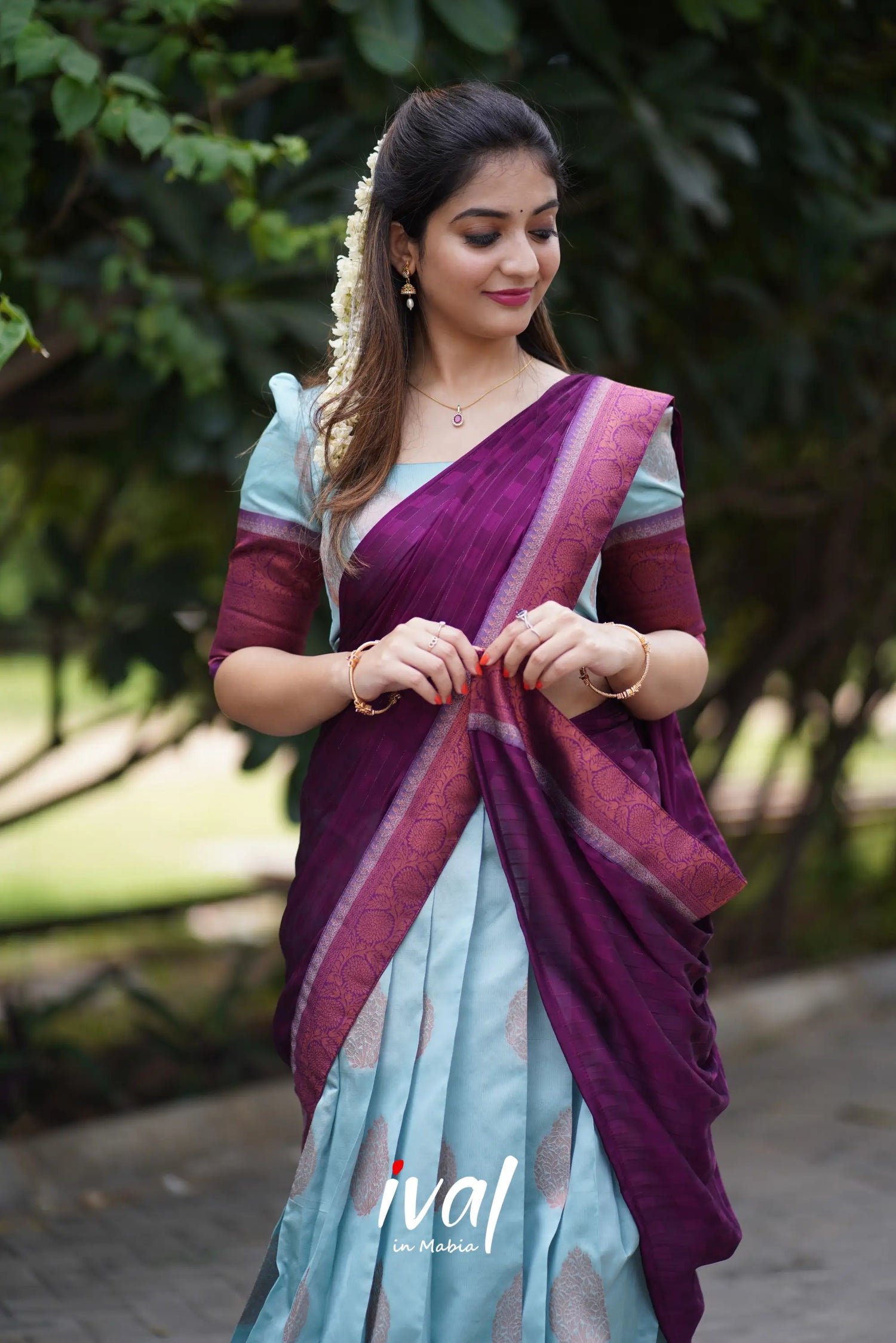 Padmakshi - Pastel Blue And Dark Magenta Semi Silk Halfsaree Half Sarees