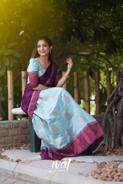 Padmakshi - Pastel Blue And Dark Magenta Semi Silk Halfsaree Half Sarees