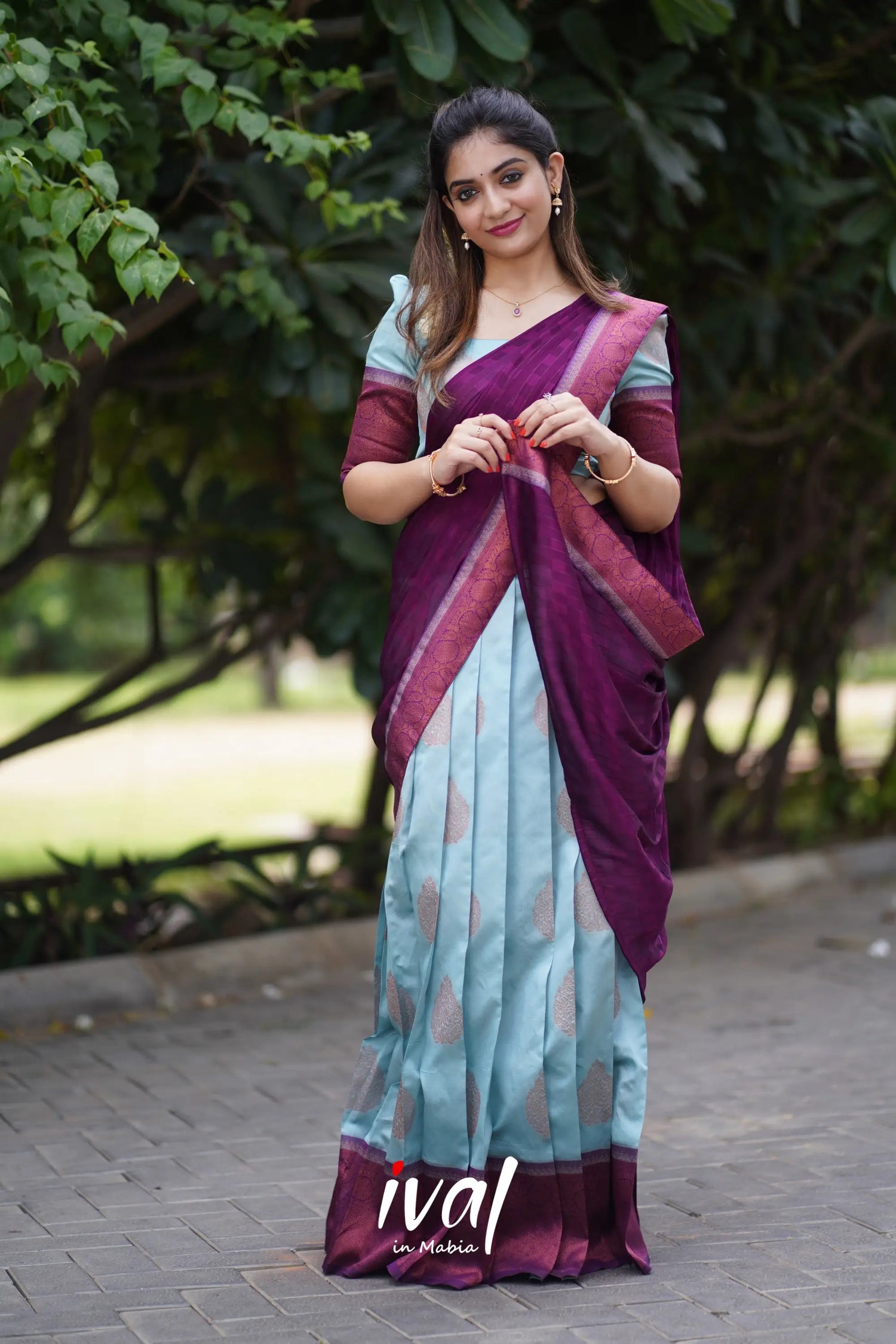 Padmakshi - Pastel Blue And Dark Magenta Semi Silk Halfsaree Half Sarees