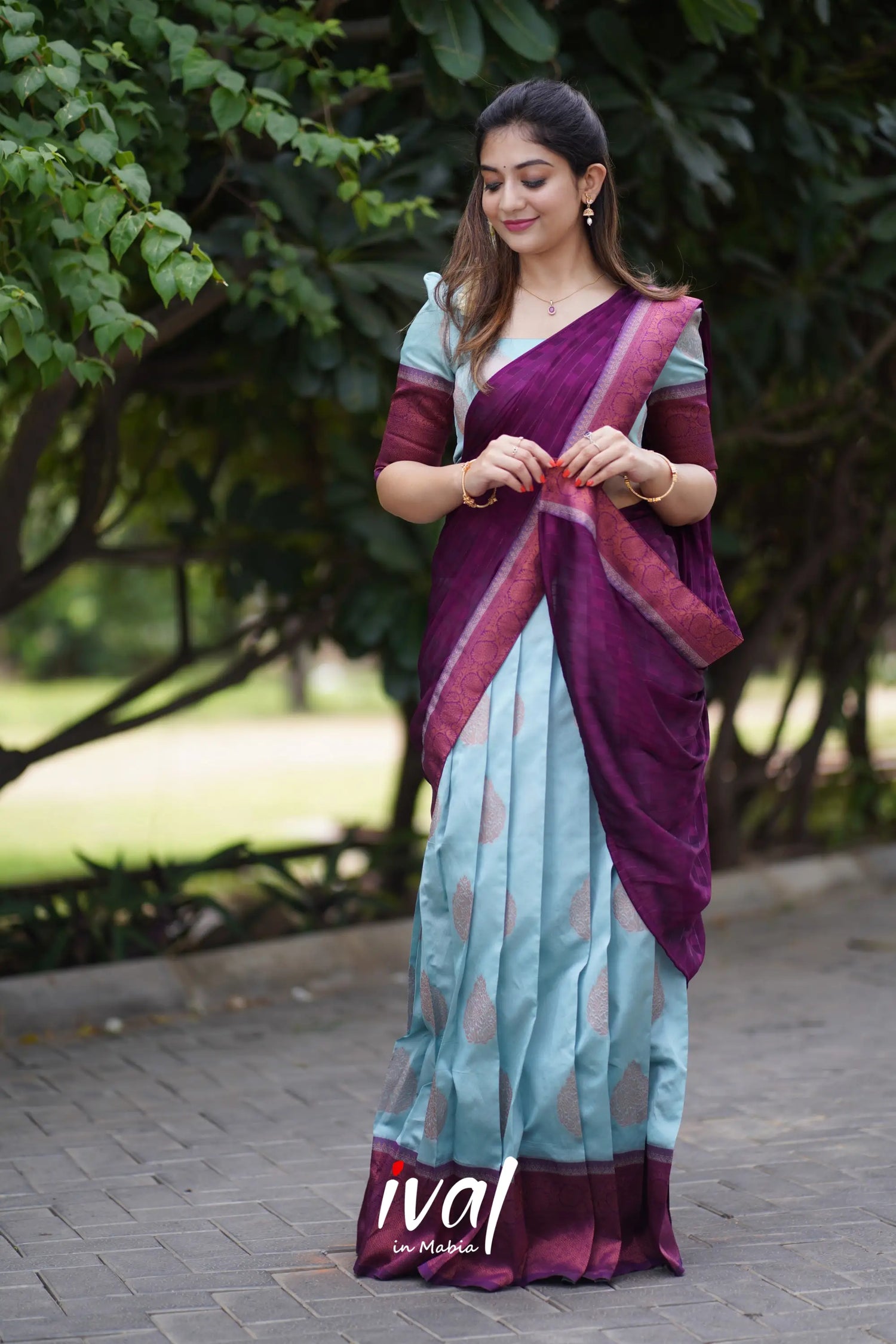 Padmakshi - Pastel Blue And Dark Magenta Semi Silk Halfsaree Half Sarees