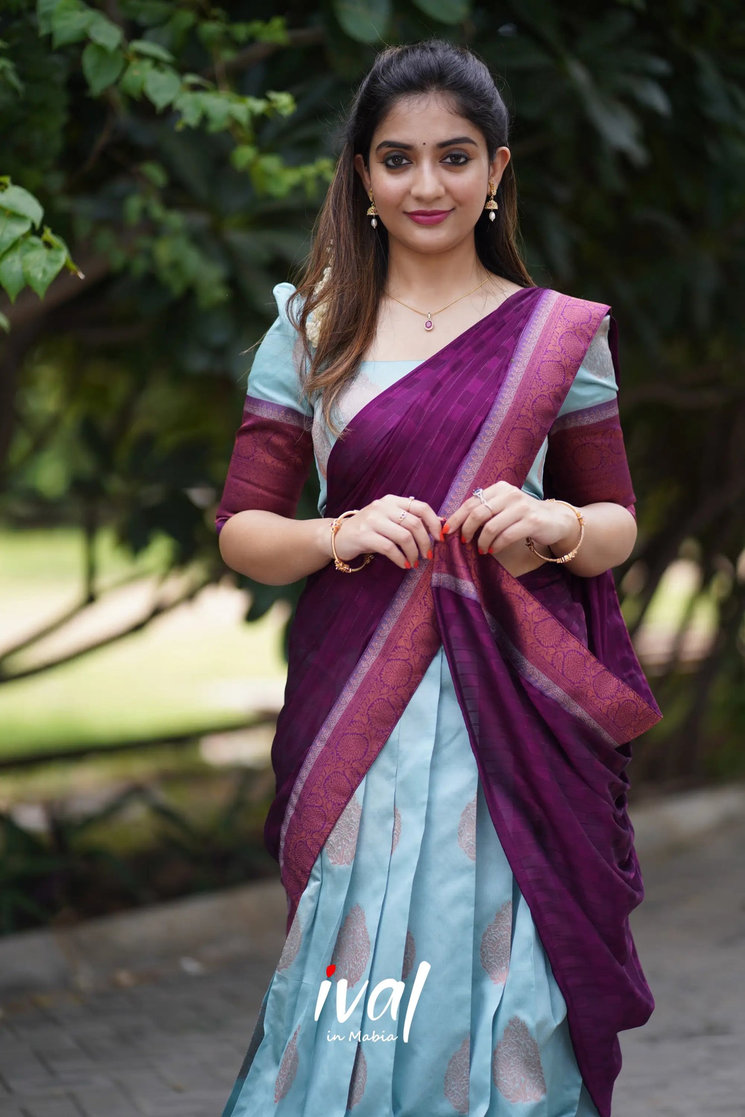 Padmakshi - Pastel Blue And Dark Magenta Semi Silk Halfsaree Half Sarees