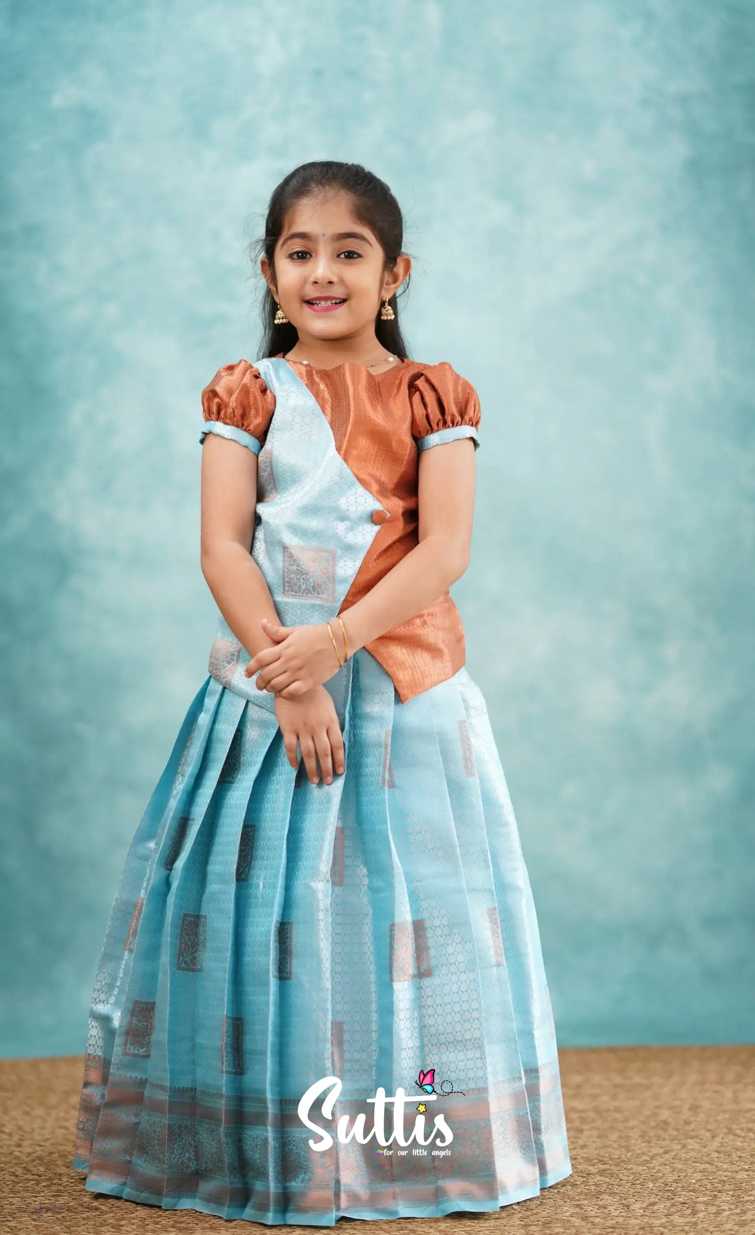 Padmakshi - Pastel Blue And Rust Blended Silk Pavadai Sattai Kids-Suttis