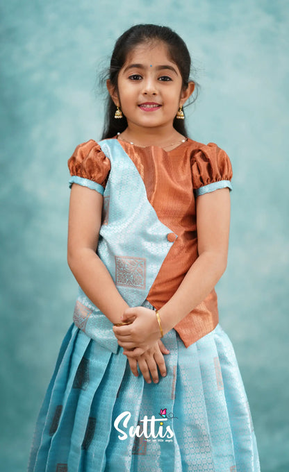 Padmakshi - Pastel Blue And Rust Blended Silk Pavadai Sattai Kids-Suttis