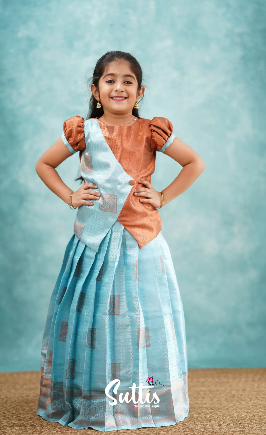 Padmakshi - Pastel Blue And Rust Blended Silk Pavadai Sattai Kids-Suttis