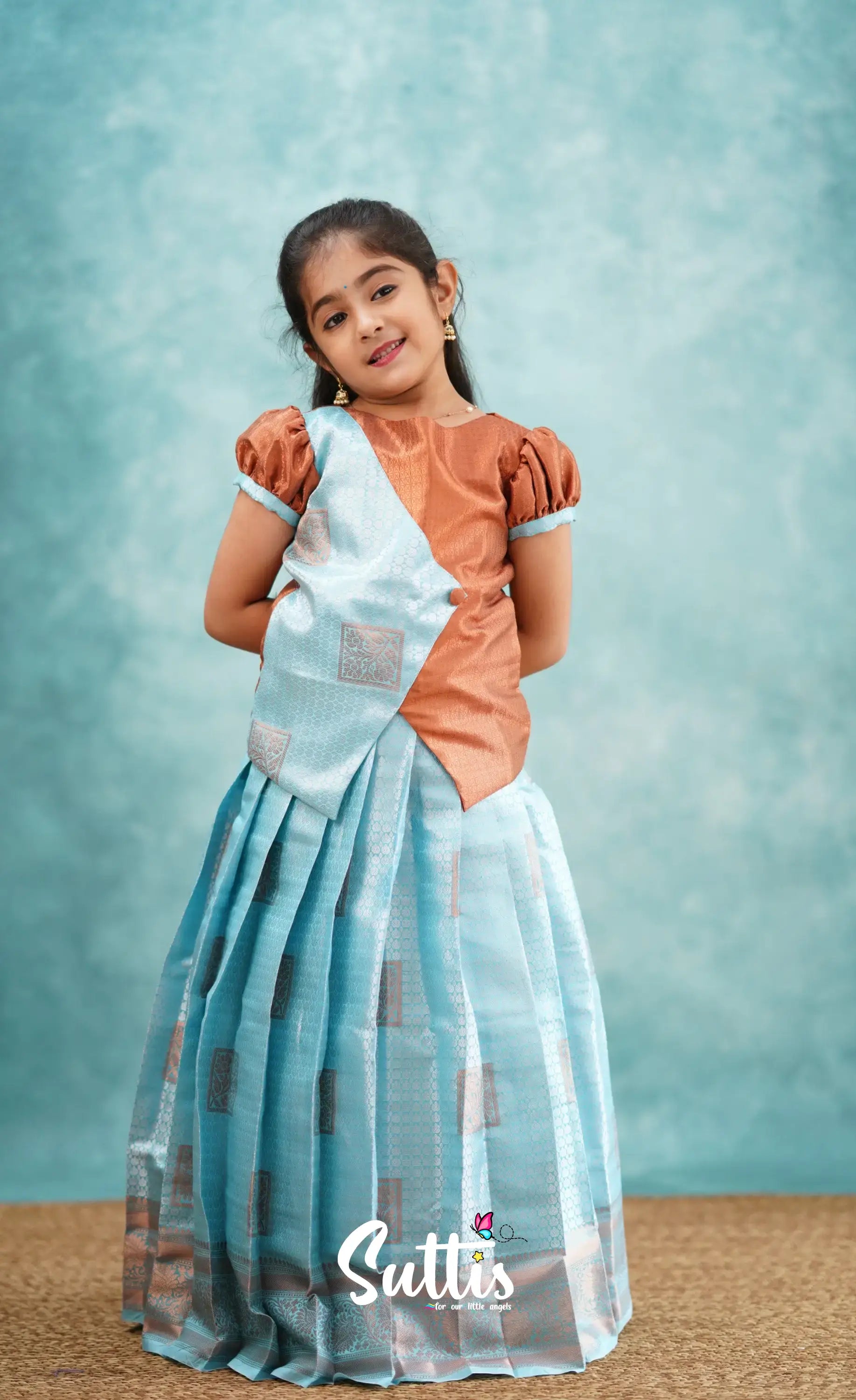 Padmakshi - Pastel Blue And Rust Blended Silk Pavadai Sattai Kids-Suttis