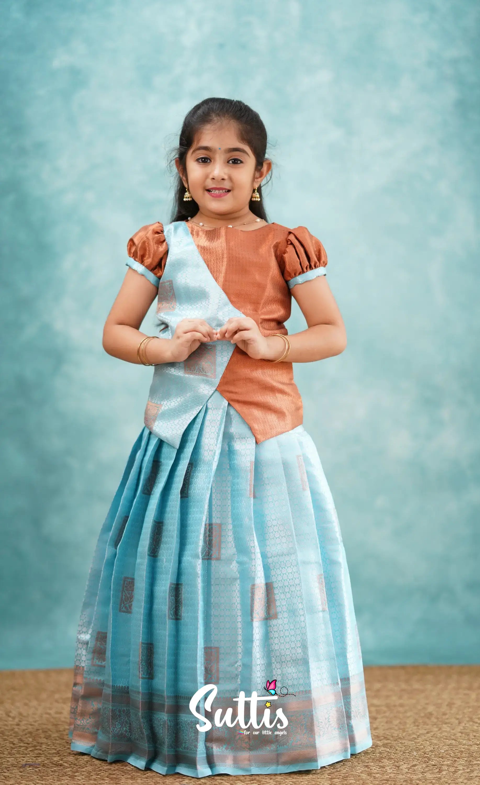 Padmakshi - Pastel Blue And Rust Blended Silk Pavadai Sattai Kids-Suttis