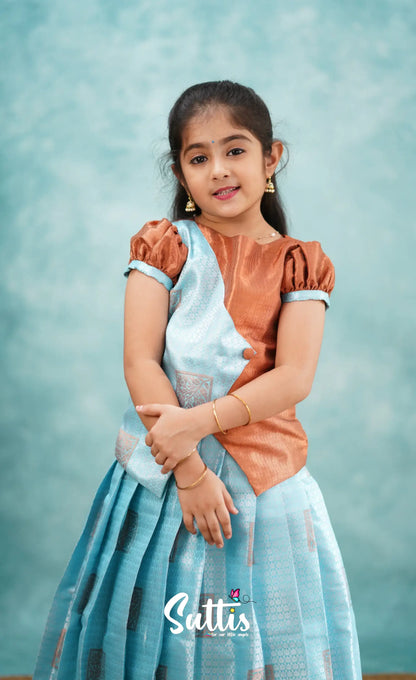 Padmakshi - Pastel Blue And Rust Blended Silk Pavadai Sattai Kids-Suttis