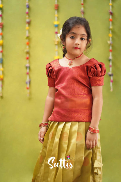 Padmakshi - Pastel Green And Maroon Semi Silk Pavadai Sattai Kids-Suttis