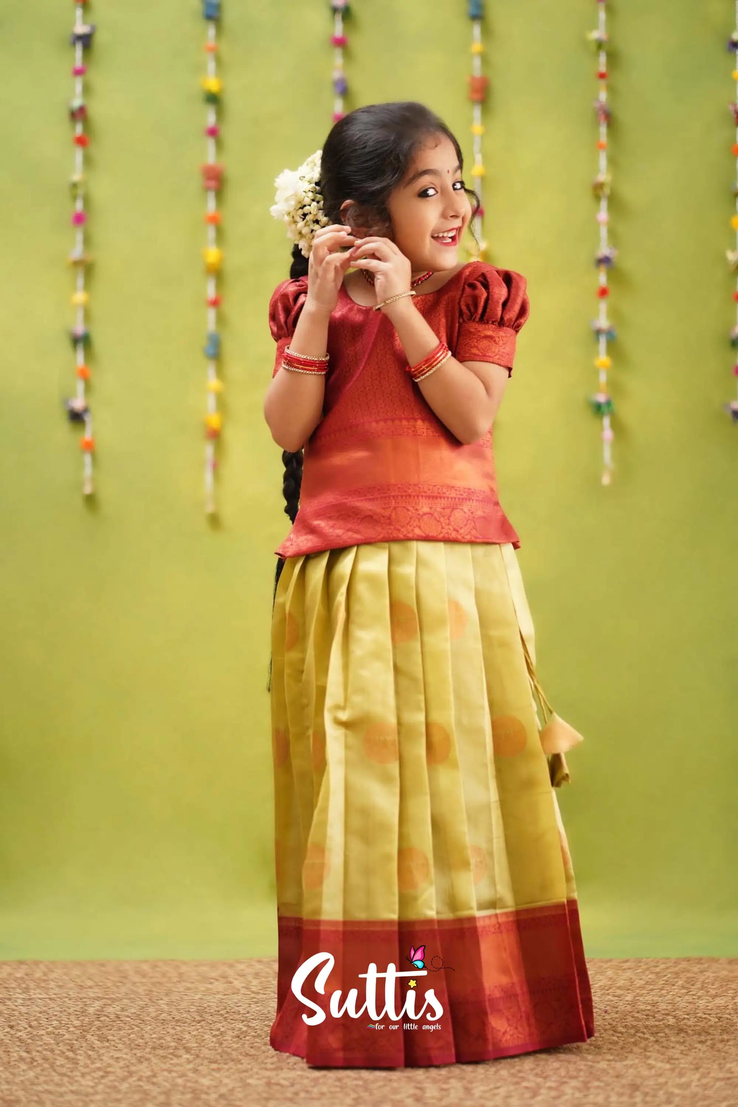 Padmakshi - Pastel Green And Maroon Semi Silk Pavadai Sattai Kids-Suttis