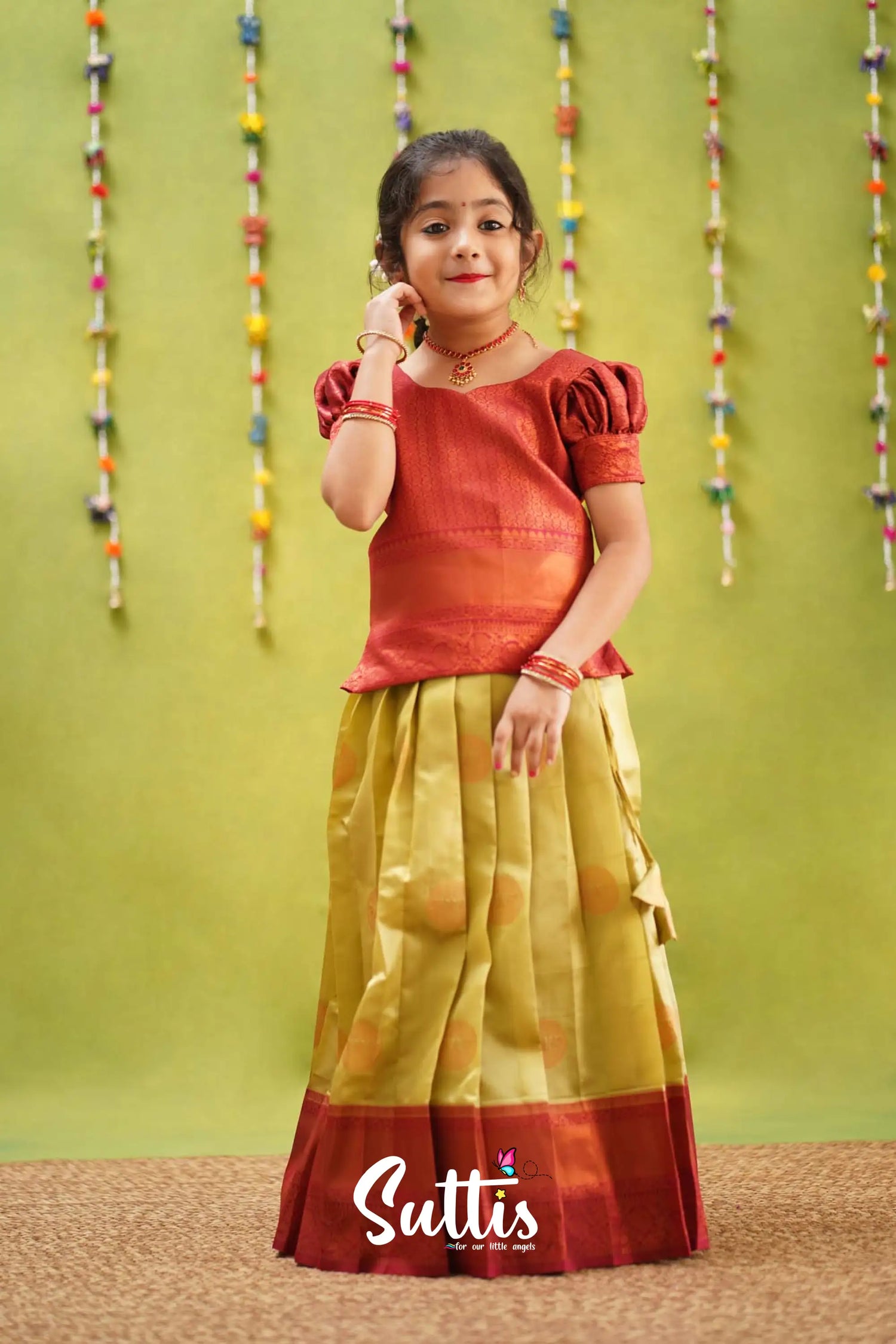 Padmakshi - Pastel Green And Maroon Semi Silk Pavadai Sattai Kids-Suttis