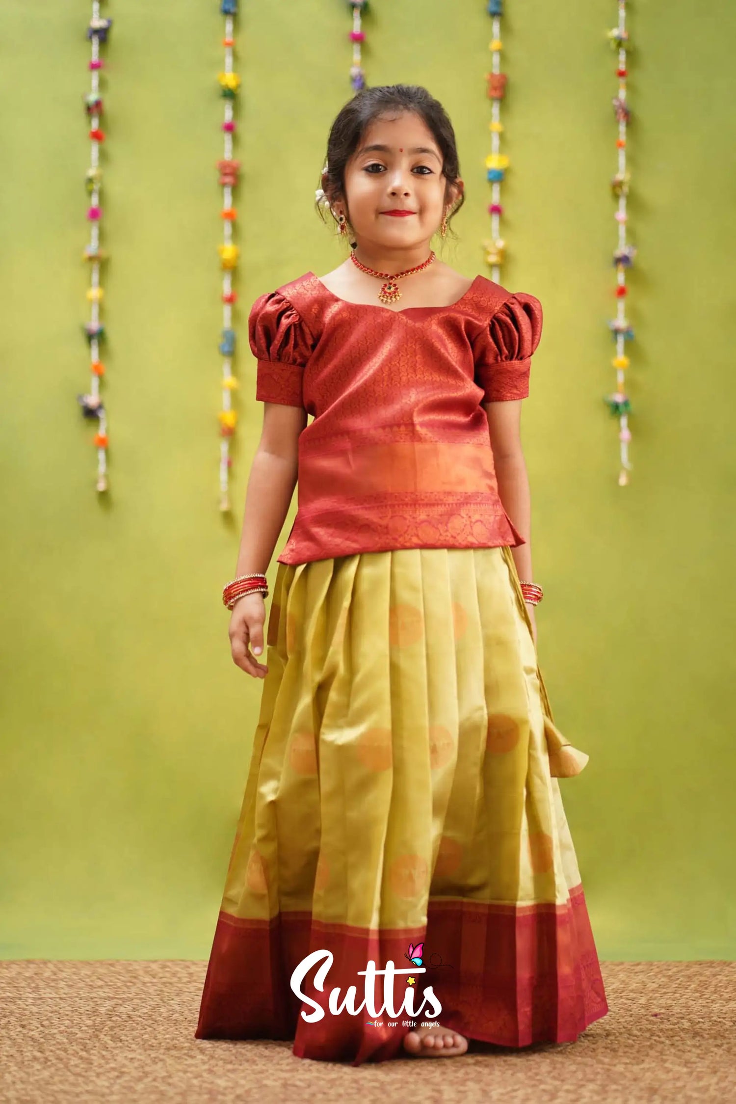 Padmakshi - Pastel Green And Maroon Semi Silk Pavadai Sattai Kids-Suttis